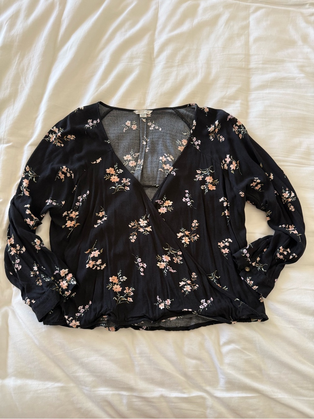 American Eagle Outfitters Black Floral Wrap Blouse with Pink Blossoms